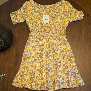 Free People Yellow Ruffled Tiered Sundress with Puff Sleeves